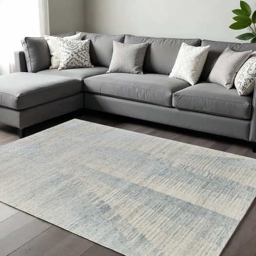 12' X 15' Blue Ivory And Silver Abstract Hand Knotted Distressed Area Rug