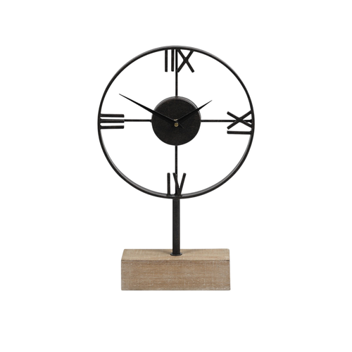 Black Metal Wood Desk  Table Clock With Open Metal Frame