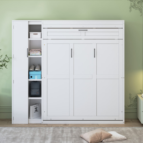 White Wood Full Murphy Bed With LED Lighting