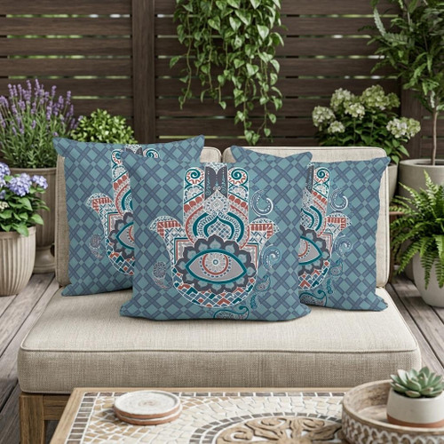 Set of Three Blue Charcoal And Orange Hamsa Indoor Outdoor Throw Pillow