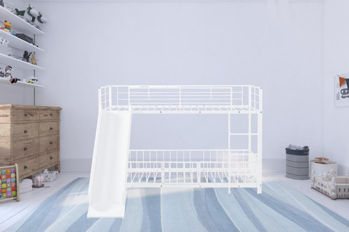 White Twin Over Twin Metal Bunk Bed With Slide