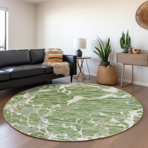 8' Artichoke Green Blue And Ivory Striped Washable Round Rug With UV Protection