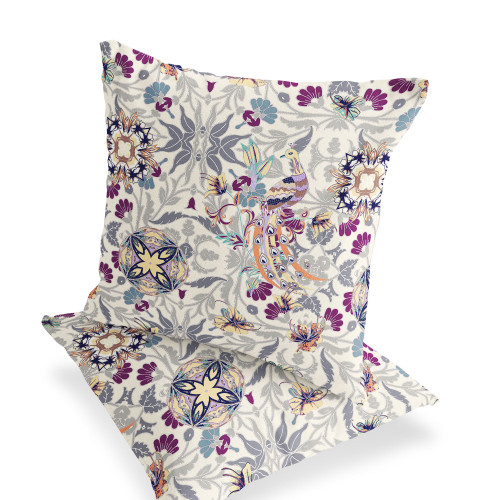 Set of Two Off White And Pink Peacock Indoor Outdoor Throw Pillow