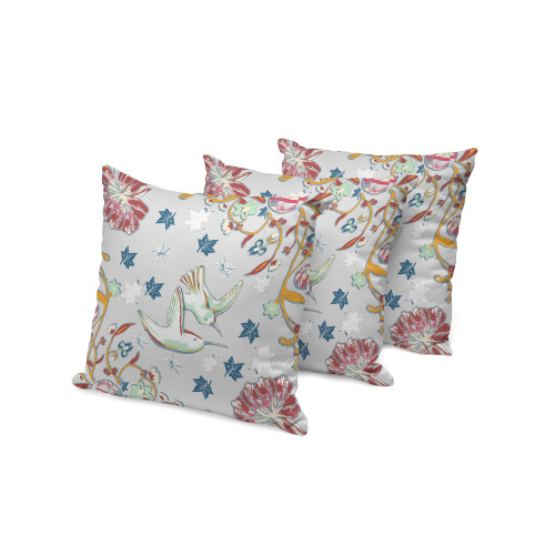 Set of Three Light Gray Terra Cotta And Navy Blue Bird Indoor Outdoor Throw Pillow