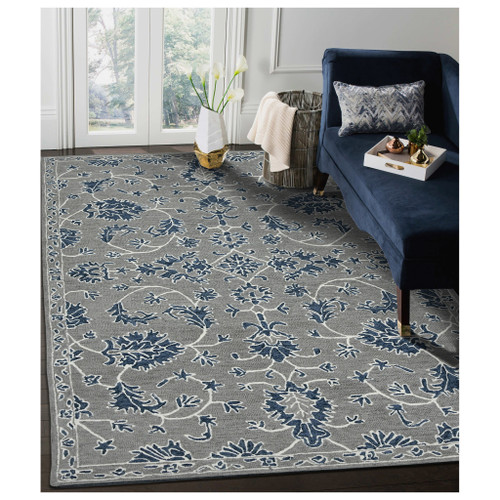 9' X 13' Gray Blue And Ivory Wool Floral Medallion Hand Hooked Area Rug