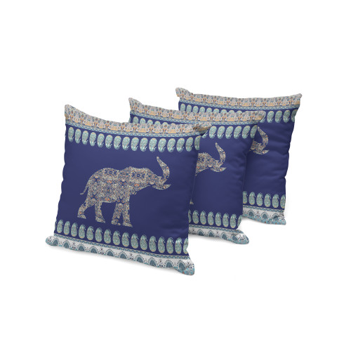 Set of Three Navy Blue And Yellow Elephant Paisley Indoor Outdoor Throw Pillow