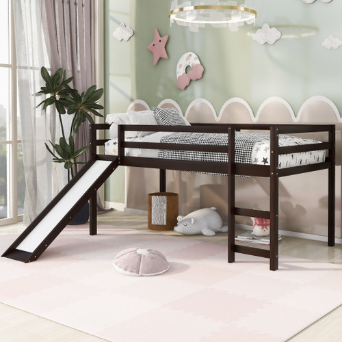 Espresso Four Poster Solid Wood Twin Loft Bed with Slide