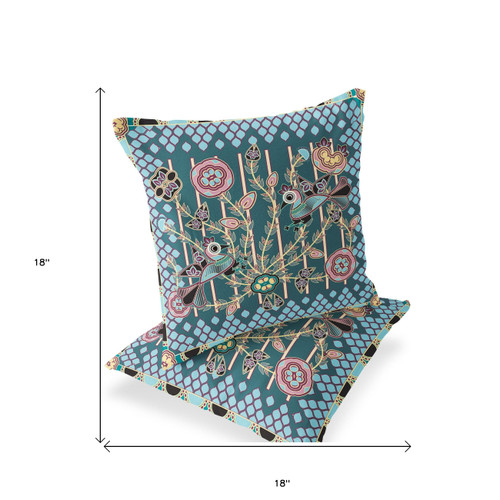 Set of Two Dark Green Aqua And Pink Peacock Indoor Outdoor Throw Pillow