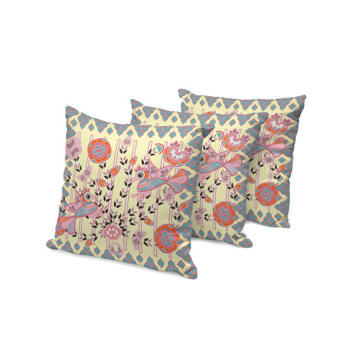 Set of Three Yellow Pink Orange And Gray Peacock Indoor Outdoor Throw Pillow
