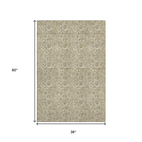 3' X 5' Beige And Taupe Floral Washable Area Rug With UV Protection