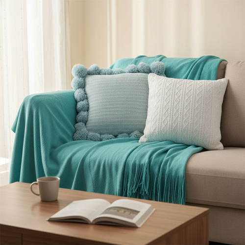 Cozy Knit Teal Throw Blanket with Decorative Knitted Pillow Covers  RibbedCable Knit Design