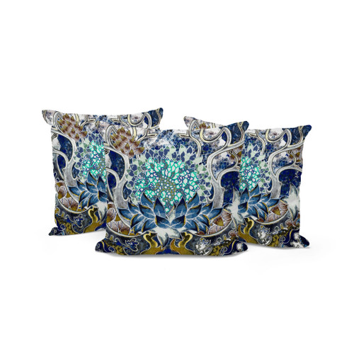 Set of Three Blue White And Green Sunflower Indoor Outdoor Throw Pillow