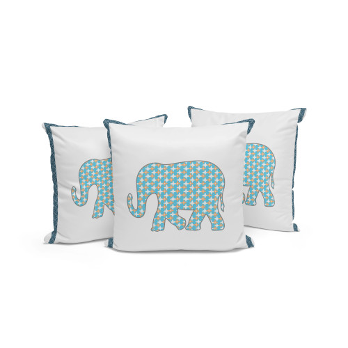 Set of Three Light Blue Gold And White Elephant Indoor Outdoor Throw Pillow
