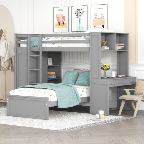 Gray Slat Solid Wood Twin Loft Bed with Desk and Shelves