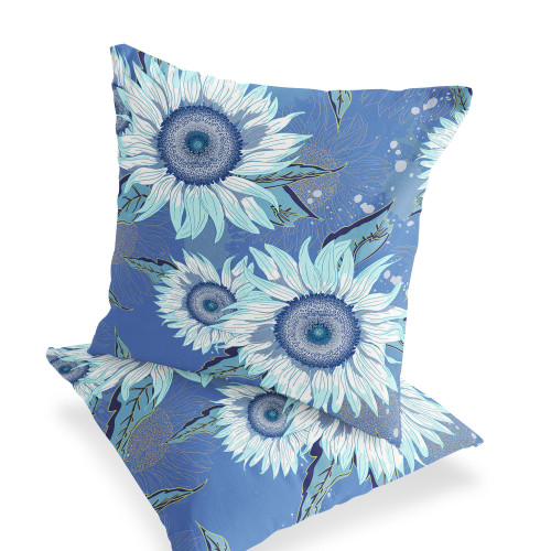 Set of Two Blue And White Sunflower Indoor Outdoor Throw Pillow