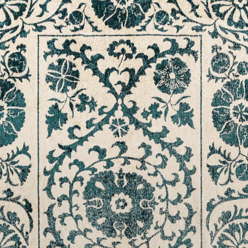 6' X 8' Beige And Blue Tribal Washable Area Rug With UV Protection
