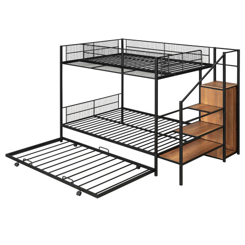 Black Twin Over Full Wood And Metal Bunk Bed With Stairs And Desk And Trundle And Storage
