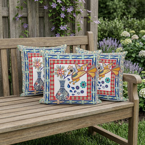 Set of Three Red White And Blue Peacock Indoor Outdoor Throw Pillow