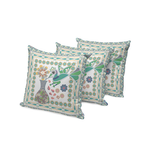 Set of Three Cream Green And Yellow Peacock Indoor Outdoor Throw Pillow