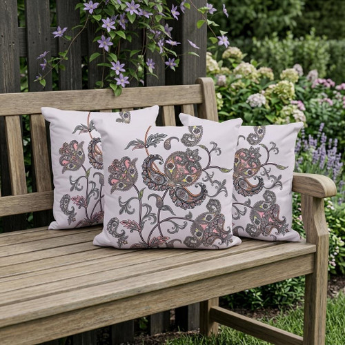 Set of Three Gray And White Floral Indoor Outdoor Throw Pillow