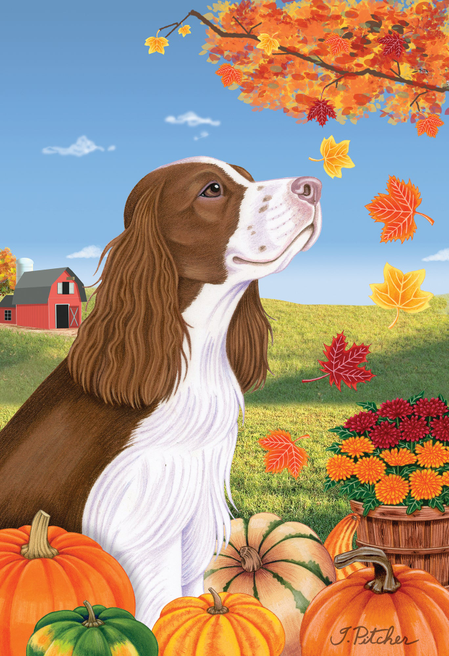 Springer Spaniel L/W- Tomoyo Pitcher Autumn Leaves Outdoor Flag