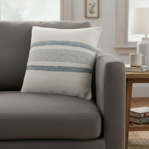 20" Light Blue And Ivory Striped Recycled Poly Linen Throw Pillow