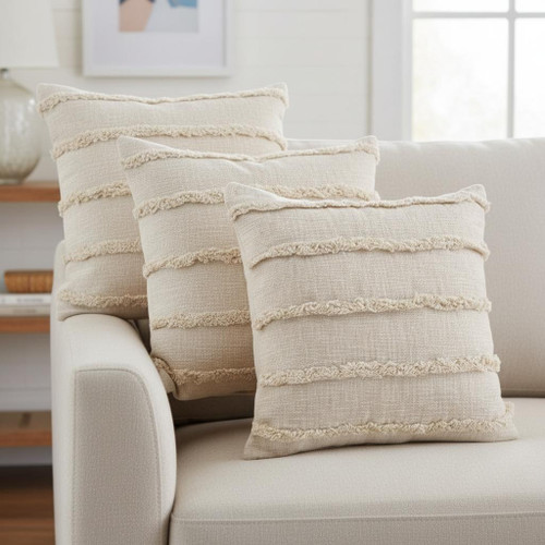 Set of Four 20" Beige And Tan Striped Cotton Throw Pillows