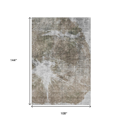 9' X 12' Taupe And Ivory Abstract Washable Area Rug With UV Protection