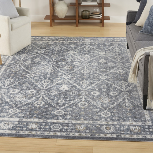 7' X 9' Blue Floral Distressed Area Rug
