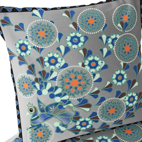 Set of Two Gray Orange And Black Peacock Floral Indoor Outdoor Throw Pillow