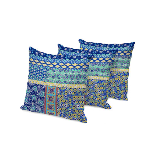 Set of Three Navy Blue Yellow And Blue Floral Indoor Outdoor Throw Pillow