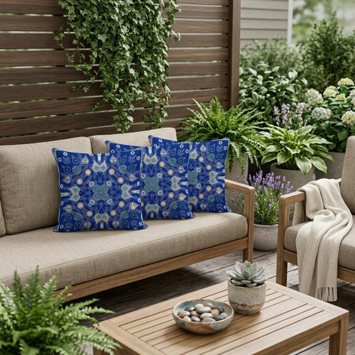 Set of Three Blue Beige And White Botanical Indoor Outdoor Throw Pillow