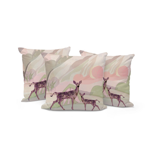 Set of Three Black And Pink Deer Indoor Outdoor Throw Pillow