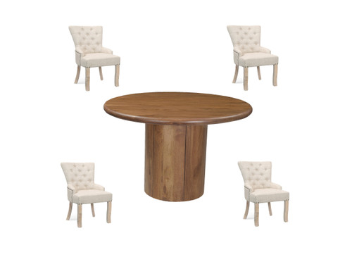 Five Piece Brown Round Solid Wood Dining Set with Four Chairs
