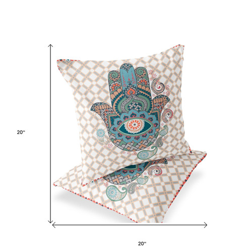 Set of Two Blue And Orange Hamsa Indoor Outdoor Throw Pillow