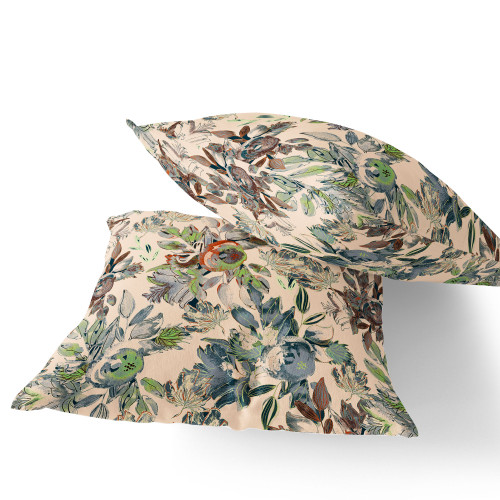 Set of Two Green And Brown Floral Indoor Outdoor Throw Pillow