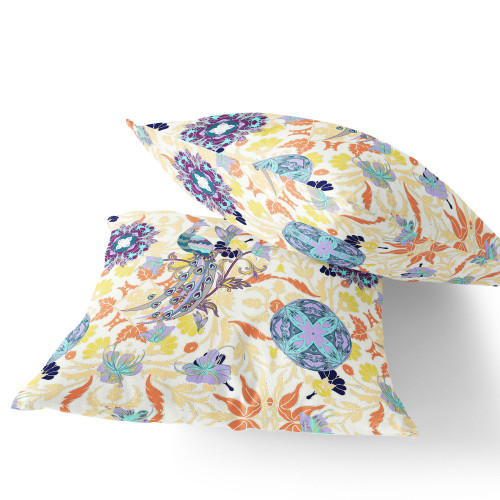 Set of Two Off White And Orange Peacock Indoor Outdoor Throw Pillow