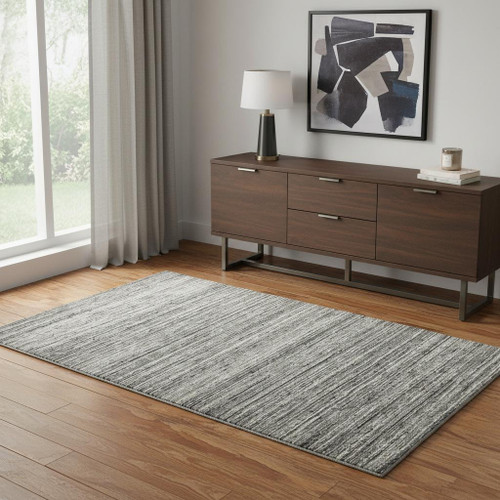 4' X 6' Dark Gray And Ivory Wool Striped Hand Woven Area Rug