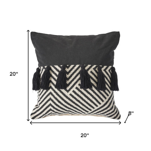 20" Black And White Chevron Cotton Throw Pillow with Tassels
