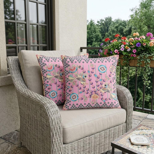 Set of Two Pink Gray Sky Blue And Cream Peacock Indoor Outdoor Throw Pillow