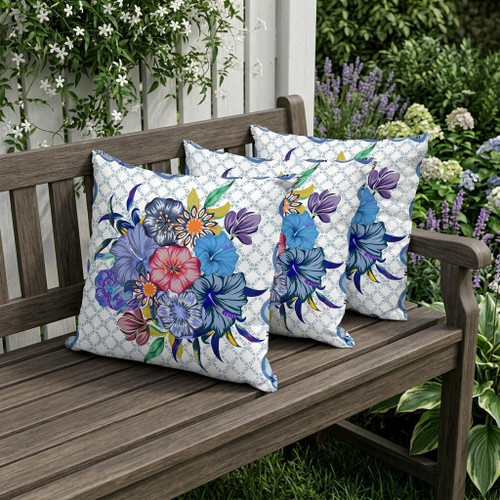 Set of Three White Botanical Indoor Outdoor Throw Pillow