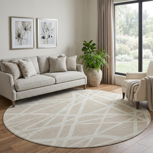 8' Beige And Ivory Geometric Washable Round Rug With UV Protection