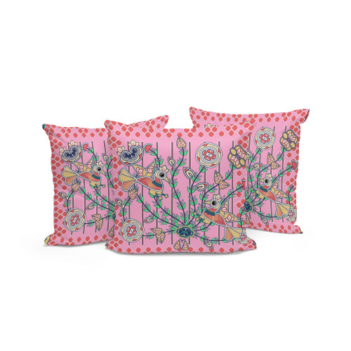 Set of Three Pink Peach And Yellow Peacock Indoor Outdoor Throw Pillow