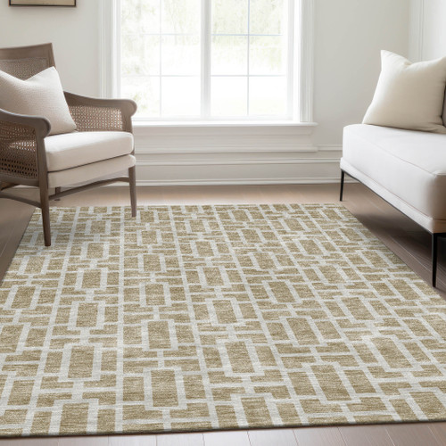 10' X 14' Beige And Ivory Geometric Washable Area Rug With UV Protection