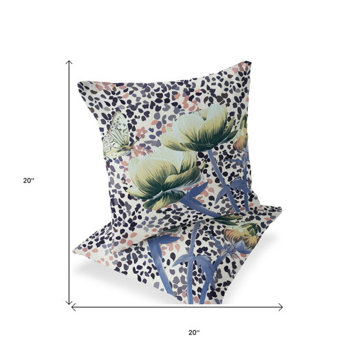 Set of Two Green Gray Blue And Black Floral Indoor Outdoor Throw Pillow