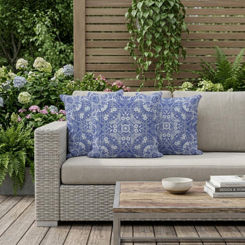 Set of Three Indigo Geometric Indoor Outdoor Throw Pillow