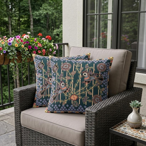 Set of Two Dark Green Blue Gray And Pink Peacock Indoor Outdoor Throw Pillow