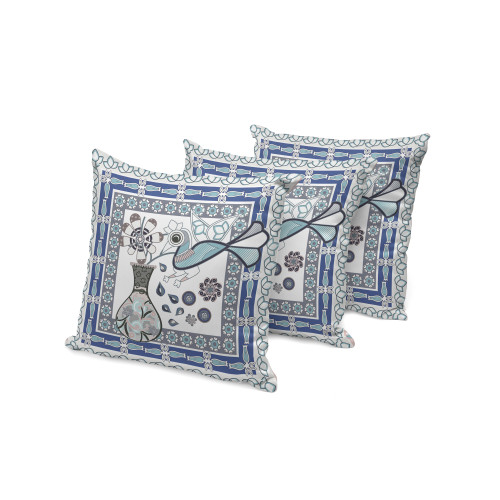 Set of Three Pink Beige Gray And White Peacock Indoor Outdoor Throw Pillow
