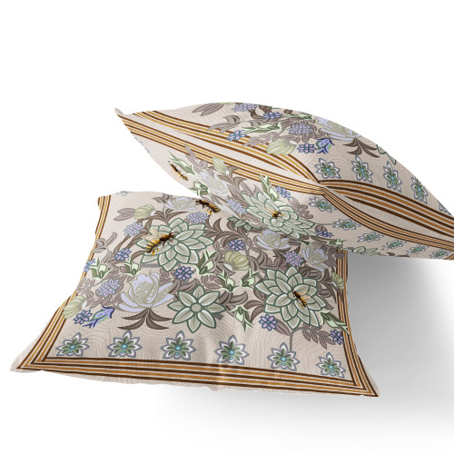 Set of Two Green Brown And Blue Bee Floral Indoor Outdoor Throw Pillow