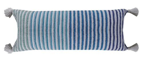 14" X 36" Blue And White Striped Zippered Handmade Cotton Blend Throw Pillow With Tassels
